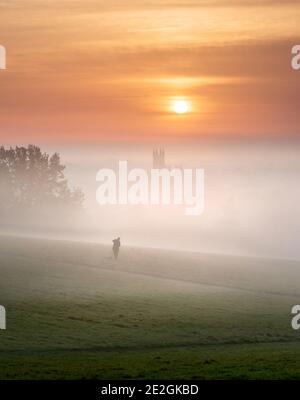 Viewpoint overlooking the city of Canterbury and Canterbury Cathedral at dawn. Stock Photo