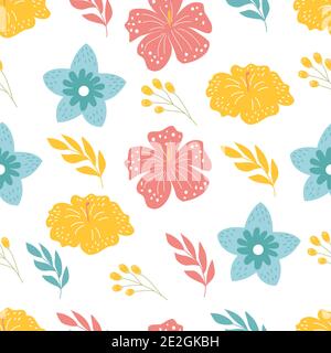 Seamless pattern with blue, red, yellow flowers Stock Vector