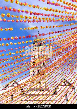 Perigueux (south-western France): garlands on the occasion of La Felibree 2019, a major celebration of Occitan culture and traditions. In the backgrou Stock Photo