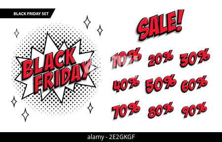 Black Friday sale set. Black friday and sale inscription and all percent numbers. Black and red colors. Pop-art comics style web banner, flash Stock Vector