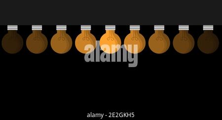 Set of nine incandescent light bulbs hanging on black background Stock Vector