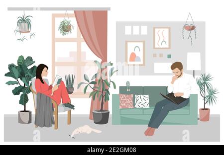 Couple of young people working and studying at home. Man working on a laptop while sitting on the sofa and woman reading a book in a chair. Lockdown Stock Vector