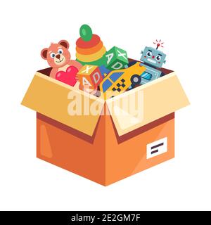 cardboard box with children's toys on a white background. flat vector illustration. Stock Vector