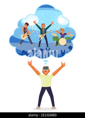 Boy playing virtual guitar in vr glasses together with rock music band, flat vector isolated illustration. Virtual reality technologies. Stock Vector