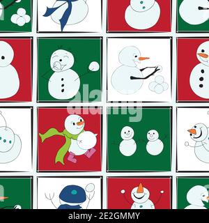 snowman snowmen in a zoom call on red and green backgrounds seamless vector repeat Stock Vector