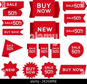 Set of red sale shopping ribbons, badges and banners with the inscription sale, buy now, new on a red background. Vector illustration Stock Vector