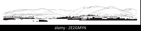 North shore mountains. Panorama illustration or drawing of local mountains and peak in Vancouver BC, Canada. View of lions gate bridge and harbor. Stock Vector