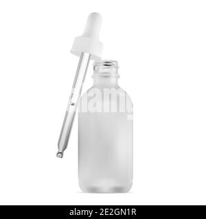 Dropper bottle. Cosmetic serum white glass pipette isolated. Essential oil eye drop mockup. Clear medicine yeydropper flask mock up. Transparent vape Stock Vector