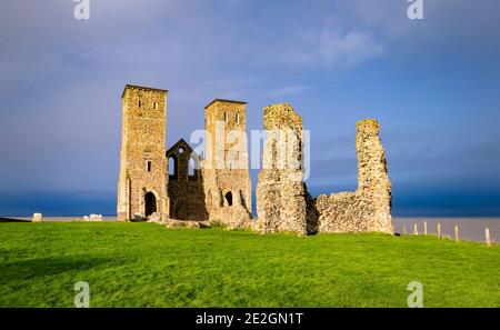 Storm light at Reculver Towers; a medieval church and site of a Roman fort on the North Kent coast. Stock Photo