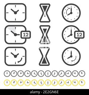 Set of Time and Clock Icon Isolated on White. Vector Illustration. Outline Objects. Stock Vector