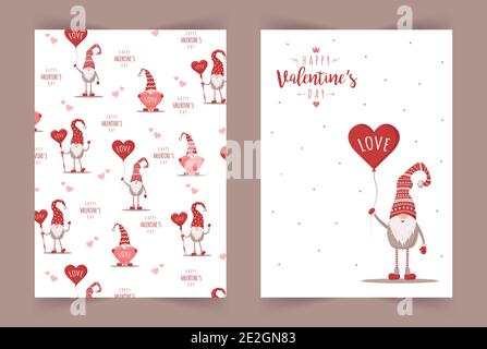 Retro Valentines cards with gnomes. Scandinavian cute elves in red hat with air balloon. Vector illustration in flat style. Nordic design for poster Stock Vector