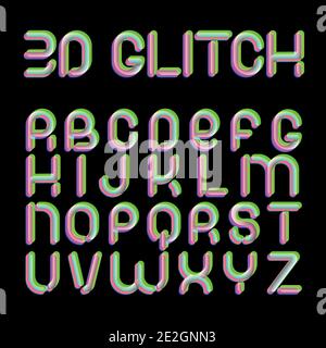3d Glitch effect font. Latin letters from A to Z. Trending 2021 typerface design. For music events, banner, flyer, cover design. Stock Vector