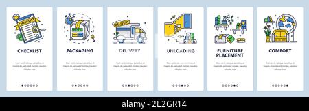 Checklist, tasks organizer. Packaging, delivery, furniture placement. Mobile app screens, vector website banner template Stock Vector