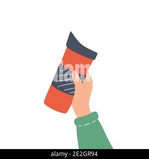 Reusable cups, thermo mug and tumblers with cover for take away hot coffee or tea. Hand drawn object. Vector Stock Vector