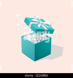 Open Gift Box with silver Confetti. Turquoise jewelry box. Christmas Background. Vector Illustration. Stock Vector