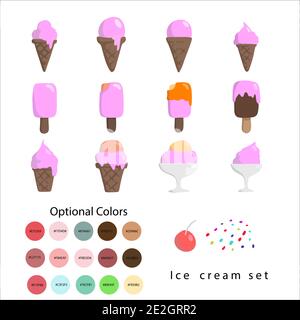 flat design colorful  ice cream set with optional color codes isolated on white background. Editable artwork and layers separated. Stock Vector