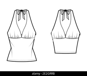 Set of Tops empire seam and tieback halter tank technical fashion illustration with close-fitting shape, crop, tunic length. Flat template front, white color. Women men unisex CAD mockup Stock Vector