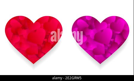 Pink and red heart icons 3d effect with small hearts petals inside of big shape isolated on white background. Love, marriage, romance elements for val Stock Vector
