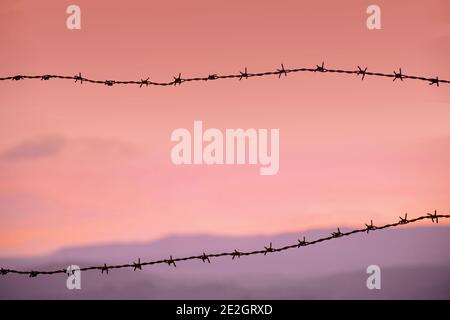 Background of Metallic Boundary wire silhouette during the evening with colorful sky. Used selective focus on wires. Stock Photo