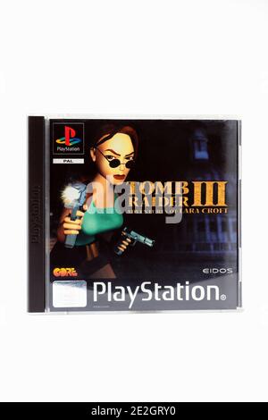 An original Tomb Raider Three Playstation One game published in 1998 an action adventure video game developed by Core Design and published by Eidos Stock Photo