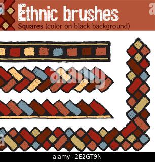 4 pattern brushes for Illustrator in tribal style, made from hand-drawn drawings. All brushes include outer and inner corner tiles. Stock Vector