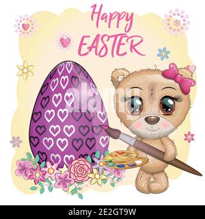 Cute bear with a brush and an ornate egg, phrase Happy Easter. Easter eggs, branches with leaves, flowers, greeting card Stock Vector