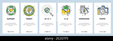 Target customer support. Search information, download file, photo. Mobile app screens, vector website banner template. Stock Vector