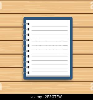Blank realistic spiral notepad notebook on wooden background. Vector illustrator Stock Vector