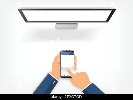 Hands holding smartphone with text screen. smartphone is connected to computer. Stock Vector