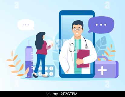 Doctor consults patient online through mobile application at smartphone. Flat vector illustration on blue background. Pharmacy support , telemedicine and medical healthcare services concept. Stock Vector