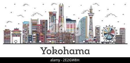 Outline Yokohama Japan City Skyline with Modern Colored Buildings Isolated on White. Vector Illustration. Yokohama Cityscape with Landmarks. Stock Vector