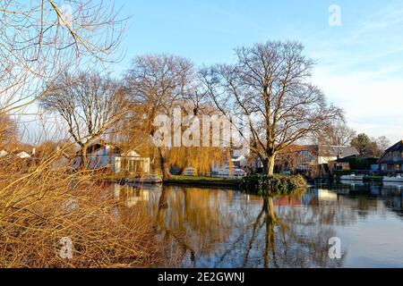 The riverside and River Thames at Shepperton on a cold sunny winters day, Surrey England UK Stock Photo