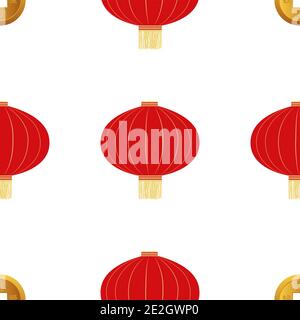 Flat red hanging Chinese lantern seamless pattern background for Chinese New Year celebration. Vector Illustration Stock Vector