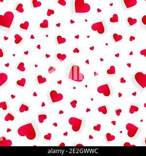 Valentine hearts seamless background, vector love abstract pattern, wedding invitation with hearts messy scattered on white, splash texture with 3d re Stock Vector