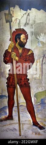 Halberdier 1895 Ferdinand Hodler 1853-1918 Swiss, Switzerland, ( With their costumes and attributes going back to the nation’s earliest days, these proud halberdiers, all strongly individualized, express the feeling of patriotism. ) Ferdinand Hodler (1853 − 1918)  Swiss, Switzerland,  ( Swiss artist Ferdinand Hodler is one of the most unique masters of art Nouveau ) Stock Photo