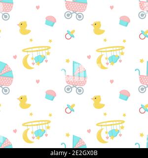 Baby shower vector seamless pattern with newborn items Stock Vector