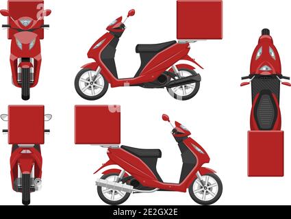 Red delivery motorcycle vector template with simple colors without gradients and effects. View from side, front, back, and top Stock Vector