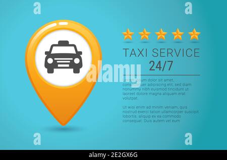 Taxi service banner template. Yellow taxi icon. Yellow Map pin with taxi car sign on blue background. Vector illustration Stock Vector