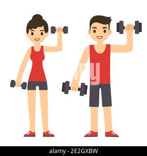 Cute cartoon couple with dumbbells working out. Modern simple flat vector style. Stock Vector