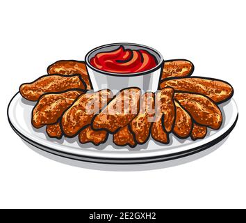 roasted barbecued chicken wings with sauce on the plate Stock Vector