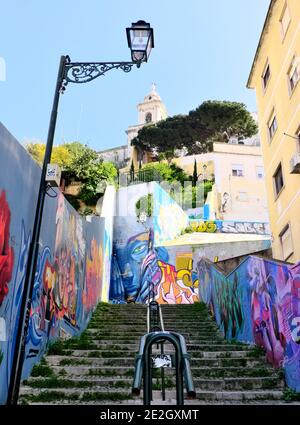 Portugal, Lisbon: street art on Caracol da Graca, a steep pedestrian lane in the district of La Mouraria Stock Photo