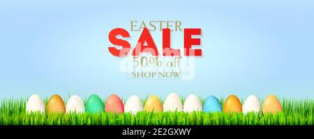 Banner for Easter sale. Colored Easter eggs in green grass. Vector 3d illustration Stock Vector