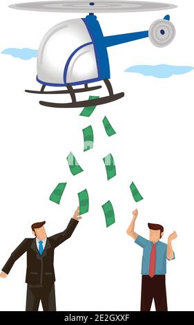 Helicopter dropping money in sky. Businessmen grabbing money. Finance, economy and monetary policy concept. Vector illustration Stock Vector