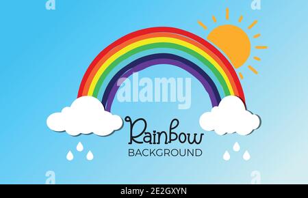 Rainbow with clouds on blue background. Color rainbow with clouds, sky. Vector cartoon illustration isolated on blue. Stock Vector
