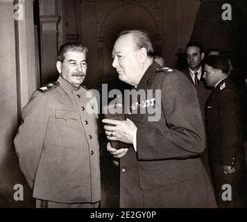Joseph Stalin and Winston Churchill. The Yalta Conference, also known as the Crimea Conference and code-named the Argonaut Conference, held February 4 Stock Photo