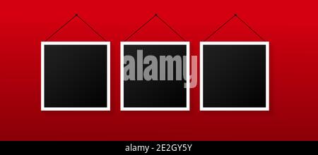 Empty black photo frames set on red background. Images on wall, retro memory album. Stock Vector