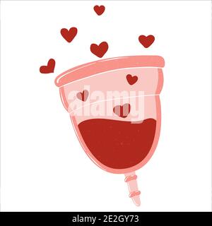 Menstrual cup with blood and red heart. Woman health and hygiene concept. Vector illustration in flat cartoon style Isolated on white background. Eco Stock Vector