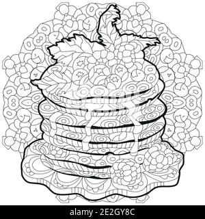 Vector pancakes with raspberries, blueberries and mint leaves on mandala. Hand drawn illustration for coloring, for t-shirt in zentangle, doodle style Stock Vector