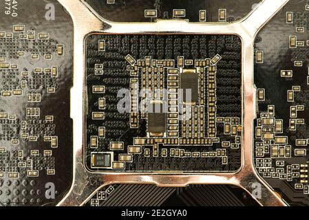 various chips on a textolite video card board for a modern desktop computer Stock Photo