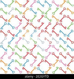Vector truchet style geometric door key seamless pattern background. Fun colorful random bright keys on white backdrop. Red, green, orange objects Stock Vector